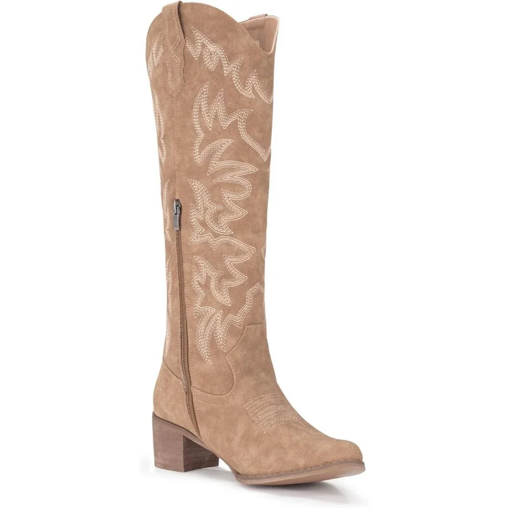 ✨Women Brown Cowboy Boots Knee High Boots Pointy Toe Boots Chunky Heel Boots